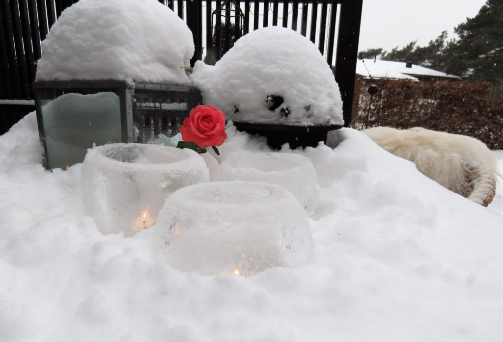 Vinterpoesi i hagen - Nærbilde av islykter på et snødekket bord IMG_0338 (2)-min