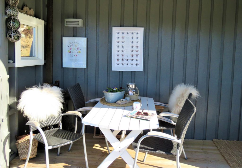 Vårblomster i krukker har ankommet hytta - Sittegruppe under tak - vårblomster - hytta